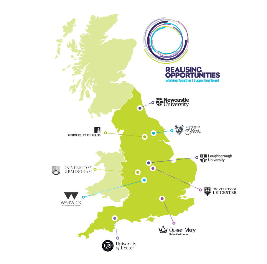 Green UK map showcasing the 9 RO Partner universities across the country. 